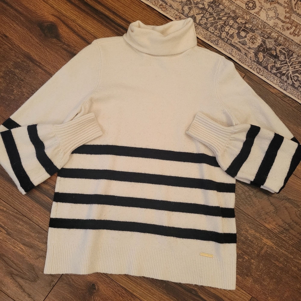Michael Kors Cream and Black Striped Turtleneck Sweater